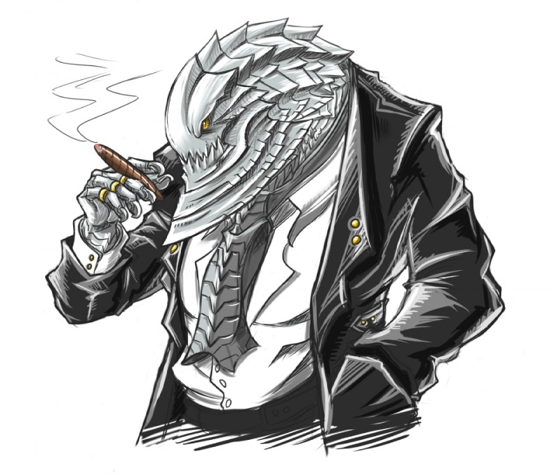 ambiguous_gender anthro cigar clothed clothing necktie ring simple_background smoke smoking solo suit white_background yellow_eyes tagane capcom monster_hunter flying_wyvern scalie ukanlos 2008