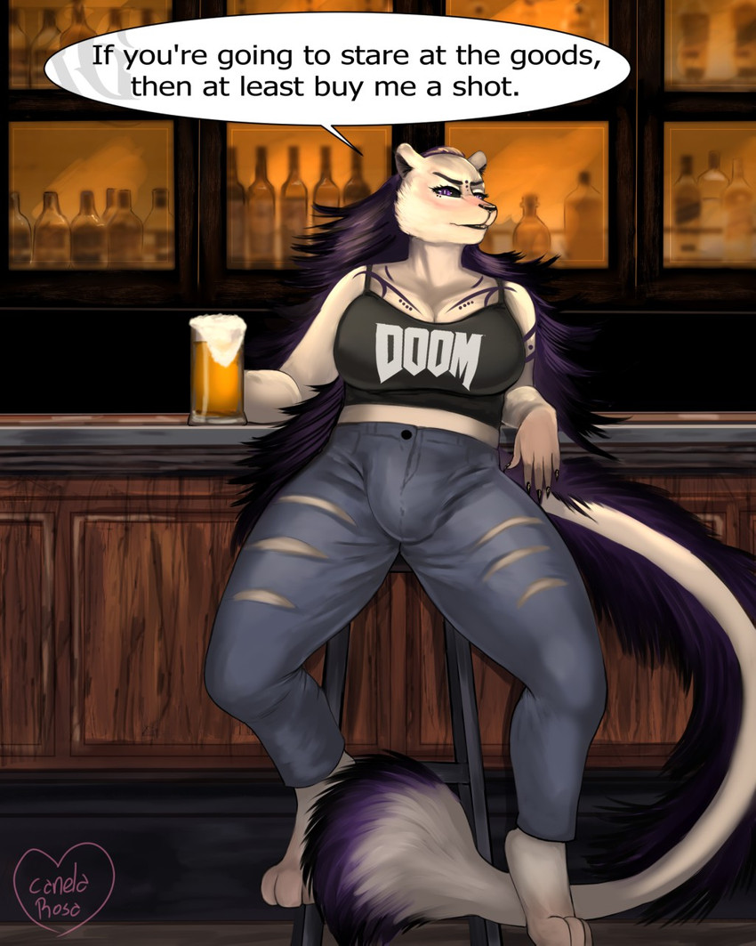 alcohol anthro beer beverage big_breasts blush breasts bulge clothing dialogue drinking gynomorph huge_breasts intersex smile solo text thick_thighs canelarosa doom_(series) id_software microsoft ratha_grim felid lion mammal pantherine 4:5 digital_media_(artwork) english_text hi_res