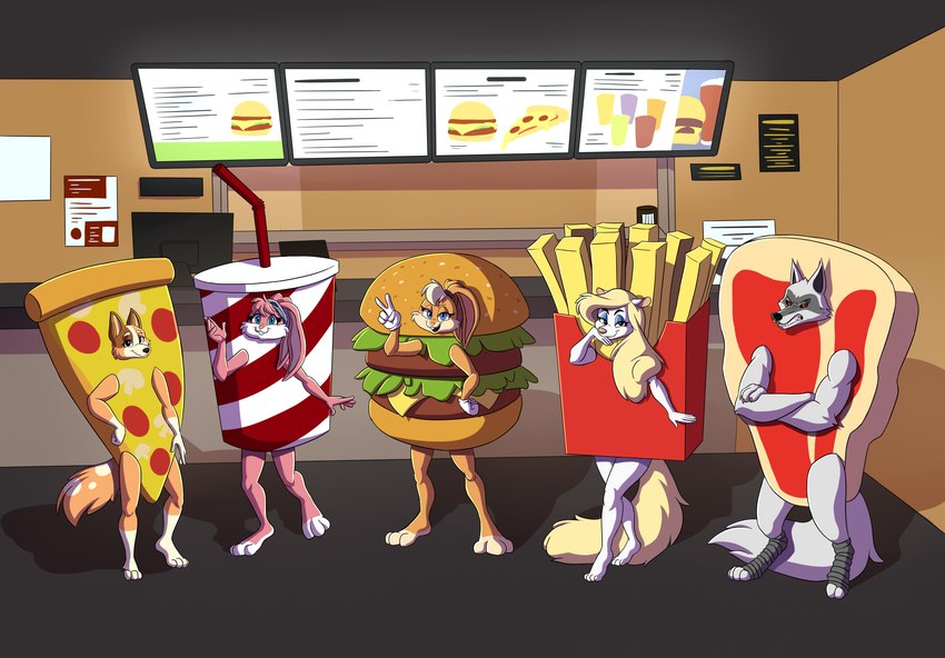 anthro beef beverage burger burger_costume clothed clothing costume detailed_background fast_food fast_food_restaurant female food food_costume fries group inside looking_at_viewer male meat pizza soda standing steak hinzen animaniacs bluey_(series) dreamworks looney_tunes puss_in_boots_(franchise) tiny_toon_adventures warner_brothers babs_bunny chilli_heeler death_(puss_in_boots) lola_bunny minerva_mink australian_cattle_dog canid canine canis cattledog domestic_dog herding_dog lagomorph leporid mammal mink mustelid musteline pastoral_dog rabbit true_musteline wolf absurd_res crossover hi_res