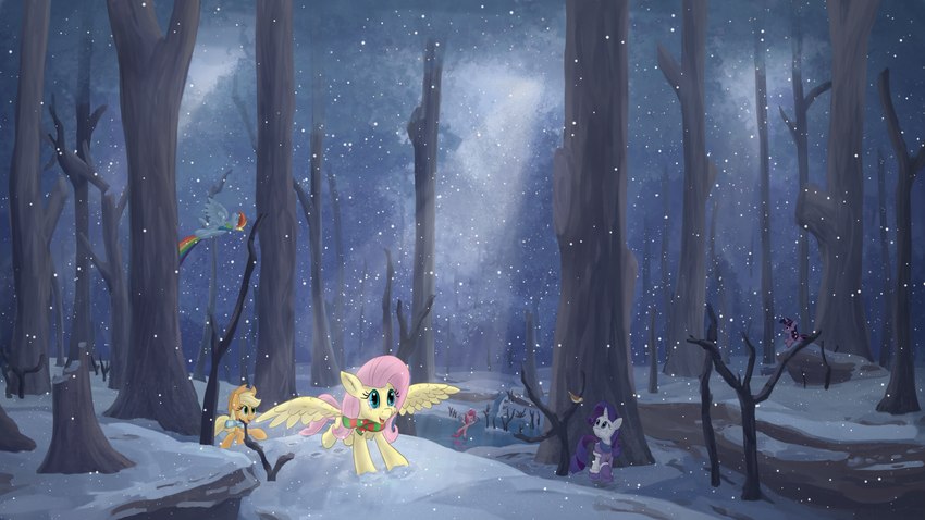 female flying forest horn ice_skating light light_beam open_mouth outside plant running scarf smile snow snowing spread_wings sunbeam sunlight tree wings callichrome friendship_is_magic hasbro my_little_pony mythology applejack_(mlp) fluttershy_(mlp) pinkie_pie_(mlp) rainbow_dash_(mlp) rarity_(mlp) twilight_sparkle_(mlp) avian bird equid equine mammal mythological_creature mythological_equine pegasus unicorn absurd_res hi_res