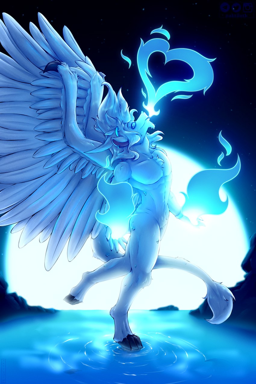 anthro blowing blue_fire chest_tuft claws colored_fire eyes_closed eyewear feathered_wings feathers fire fluffy fluffy_tail fur glasses hair heart_symbol horn long_hair male moon night nude outside reflection rock simple_background sky smile solo star tail tuft water white_body white_fur wings aktiloth mythology kiba_fireheart celestial_dragon dragon mythological_creature mythological_scalie reptile scalie absurd_res digital_media_(artwork) hi_res