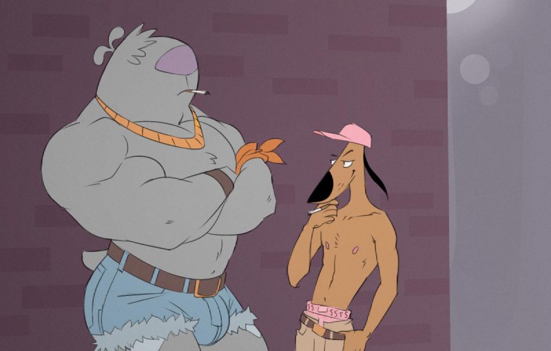 anthro belt bulge cigarette clothed clothing duo hat headgear headwear male muscular navel nipples topless underwear kazushi 2_stupid_dogs hanna-barbera the_big_dog the_little_dog canid canine canis domestic_dog mammal 2019