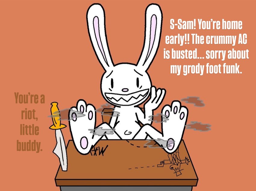 anthro bite_mark desk dialogue feet feet_on_desk foot_fetish foot_focus furniture graffiti male melee_weapon musk navel pawpads sitting smelly smelly_feet solo sword table text weapon unknown_artist sam_and_max max_(sam_and_max) lagomorph leporid mammal rabbit english_text