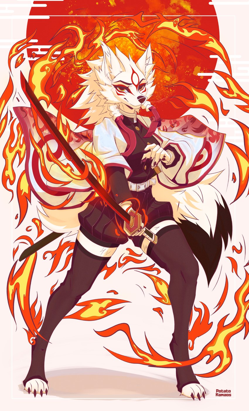 abstract_background anthro anthrofied barefoot belt bottomwear cape claws clothed clothing elemental_manipulation feet female fire fire_manipulation front_view fully_clothed fur fur_markings hair holding_object holding_weapon katana legwear looking_at_viewer markings melee_weapon pose red_body red_fur smile solo standing stockings sword thigh_highs toeless_legwear toeless_stockings topwear weapon white_body white_fur white_hair yellow_eyes potatokamaos capcom clover_studio demon_slayer kimetsu_no_yaiba okami_(capcom) amaterasu_(okami) canid canine canis deity mammal wolf 2022 absurd_res crossover full-length_portrait hi_res portrait