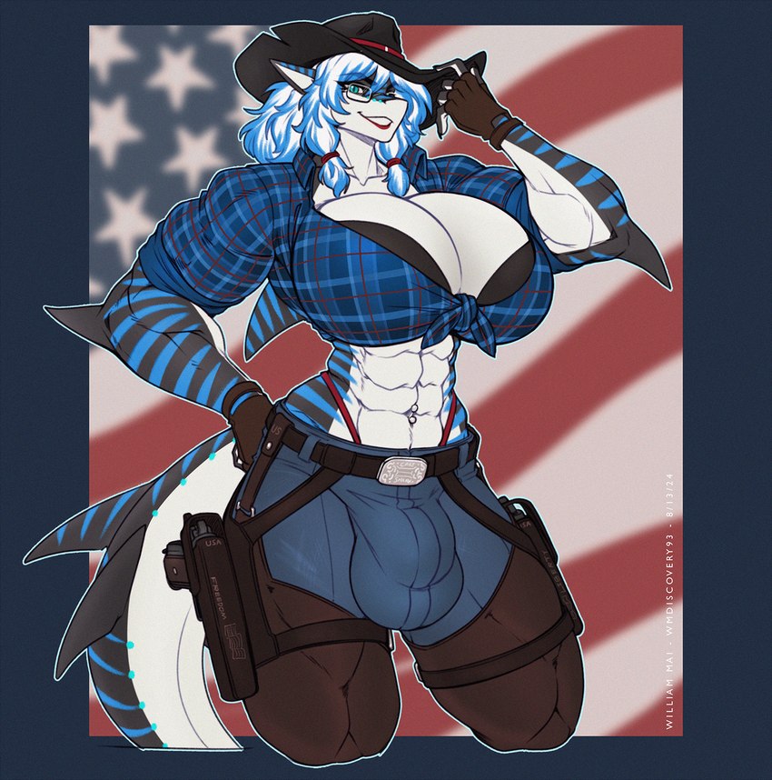 abs american_flag anthro belt belt_buckle big_breasts blue_bottomwear blue_clothing blue_eyes blue_jeans blue_pants bottomwear breasts buckle bulge chaps clothing cowboy_hat denim denim_bottomwear denim_clothing eyewear fingerless_gloves glasses gloves gun gun_holster gynomorph handgun handwear hat headgear headwear holster holstered_pistol huge_breasts intersex jeans muscular muscular_gynomorph muscular_intersex pants pattern_clothing pattern_shirt pattern_topwear pistol plaid plaid_clothing plaid_shirt plaid_topwear ranged_weapon shirt solo stripes topwear united_states_of_america weapon wmdiscovery93 nika_sharkeh fish marine shark hi_res