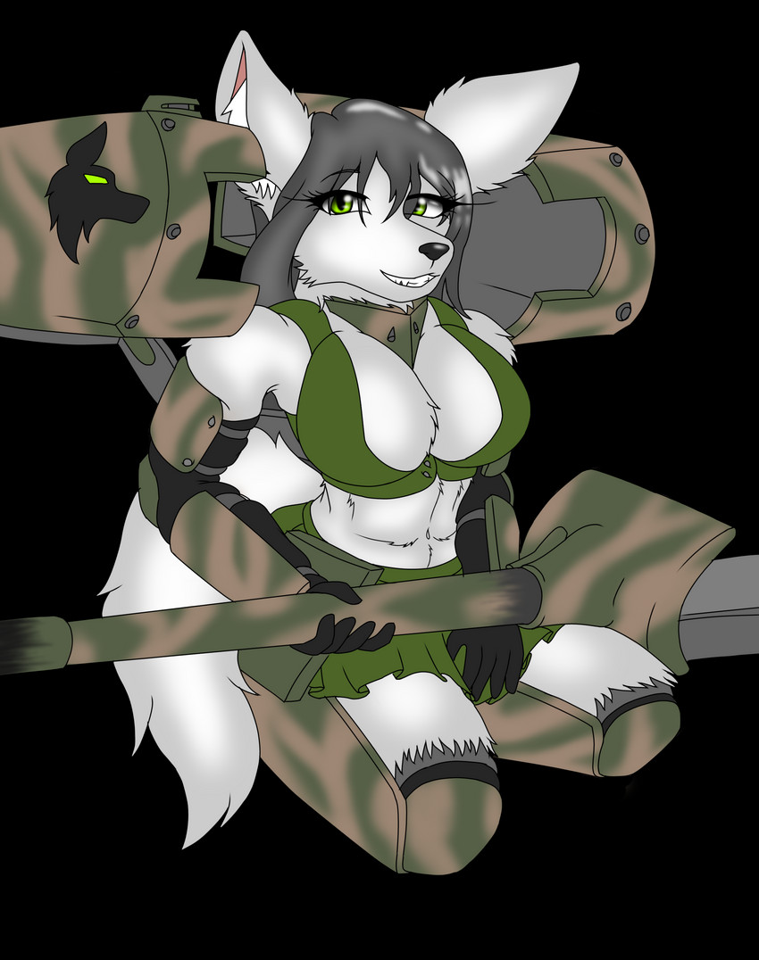 anthro breasts cannon cleavage clothed clothing crop_top female fenririan fur inner_ear_fluff looking_at_viewer mecha_musume military navel ranged_weapon shirt skimpy smile solo tank topwear tuft vehicle weapon white_body white_fur wolfeddown tank_girl sasha_(wolfeddown) canid canine canis mammal wolf 2021 absurd_res alpha_channel hi_res