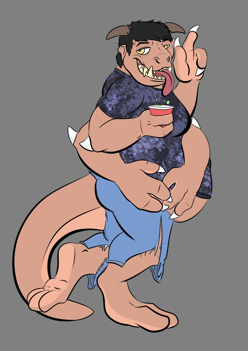 after_transformation anthro beverage claws clothing horn male multi_arm multi_limb snout solo solo_cup tail thick_tail tongue tongue_out torn_clothing wolfsketchinjeff mammal monster hi_res