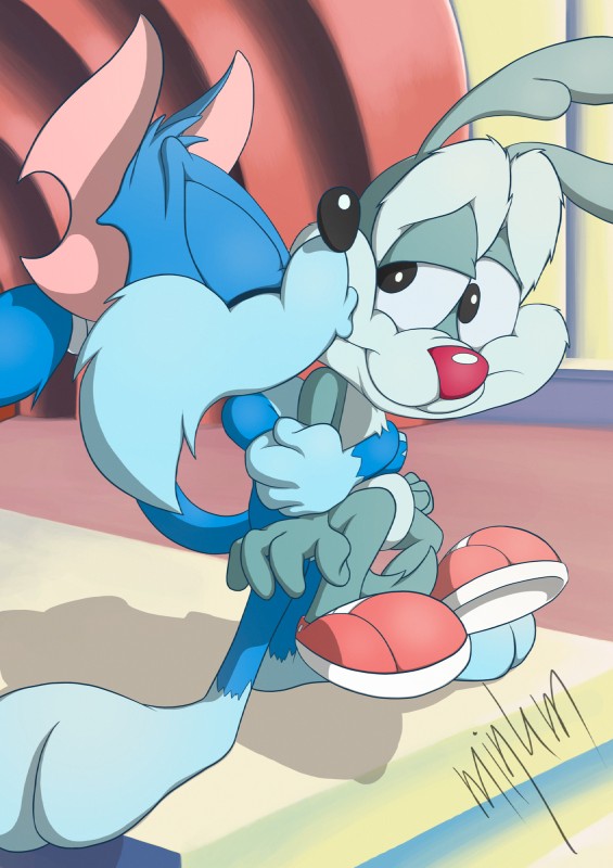 anthro blue_body blue_fur duo fur hug kissing kissing_cheek love male male/male young minum tiny_toon_adventures warner_brothers calamity_coyote furrball canid canine canis coyote domestic_cat felid feline felis mammal hi_res signature