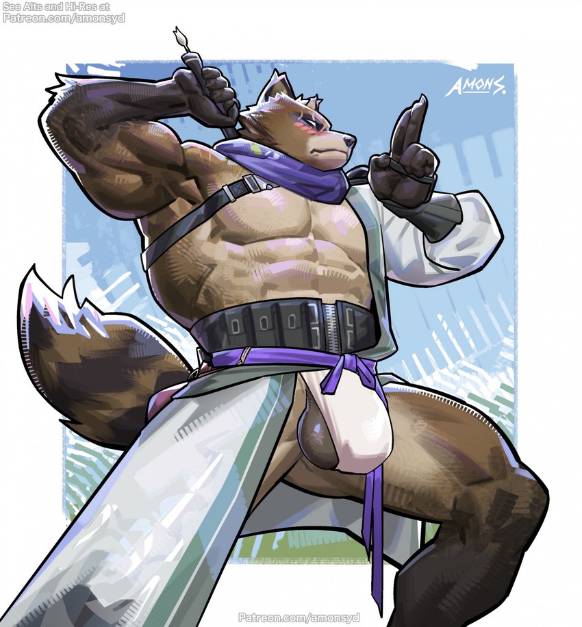 abs anthro balls belt brown_body brown_fur bulge clothed clothing eye_scar facial_scar fluffy fluffy_tail front_view fur genitals holding_object male muscular muscular_anthro muscular_male partially_clothed pecs pose scar solo standing tail utility_belt weapon_on_back white_eyes amon-sydonai epic_games fortnite hajime_(fortnite) canid canine mammal raccoon_dog tanuki digital_media_(artwork) hi_res