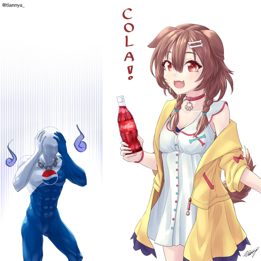 abs blue_body bottle breasts clothed clothing container duo female fur hair hand_on_head holding_bottle holding_container holding_object muscular open_mouth tongue yellow_clothing tian_nya coca-cola hololive pepsi vtuber inugami_korone pepsiman_(character) animal_humanoid canid canid_humanoid canine canine_humanoid dog_humanoid humanoid mammal mammal_humanoid 1:1 hi_res signature