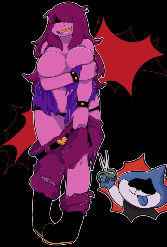 anthro assisted_exposure big_breasts breasts clothing duo female hair purple_body purple_hair purple_skin simple_background tongue tongue_out torn_clothing underchikichan deltarune undertale_(series) lancer_(deltarune) susie_(deltarune) scalie 2019 hi_res