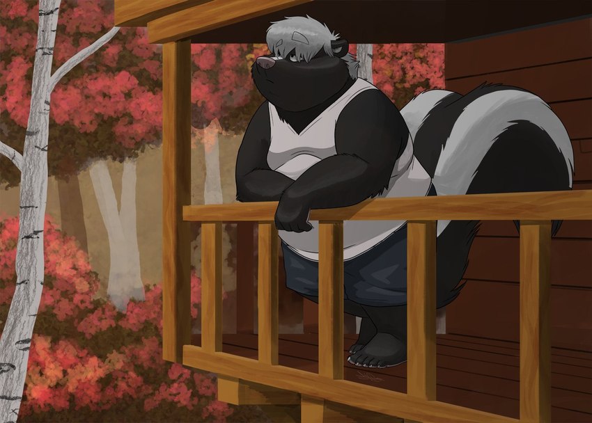 anthro autumn belly biped black_body black_fur bottomwear clothing detailed_background fur male outside overweight overweight_male plant shirt shorts solo topwear tree white_body white_fur dj-rodney mammal mephitid skunk 2021