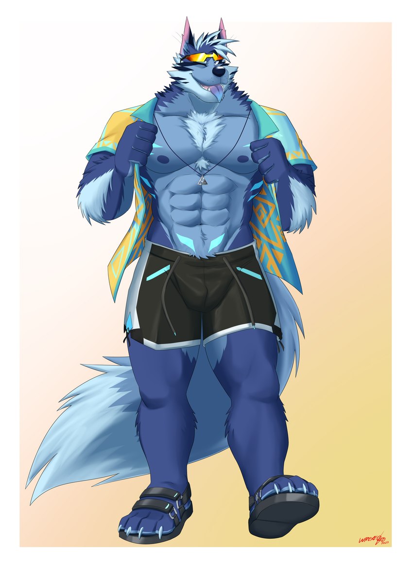 anthro border clothed clothing fur hair looking_at_viewer male muscular muscular_male nipples smile solo tongue white_border ligoexe03 ligoni lifewonders tokyo_afterschool_summoners tindalos_(tas) canid canine canis mammal wolf absurd_res digital_drawing_(artwork) digital_media_(artwork) hi_res