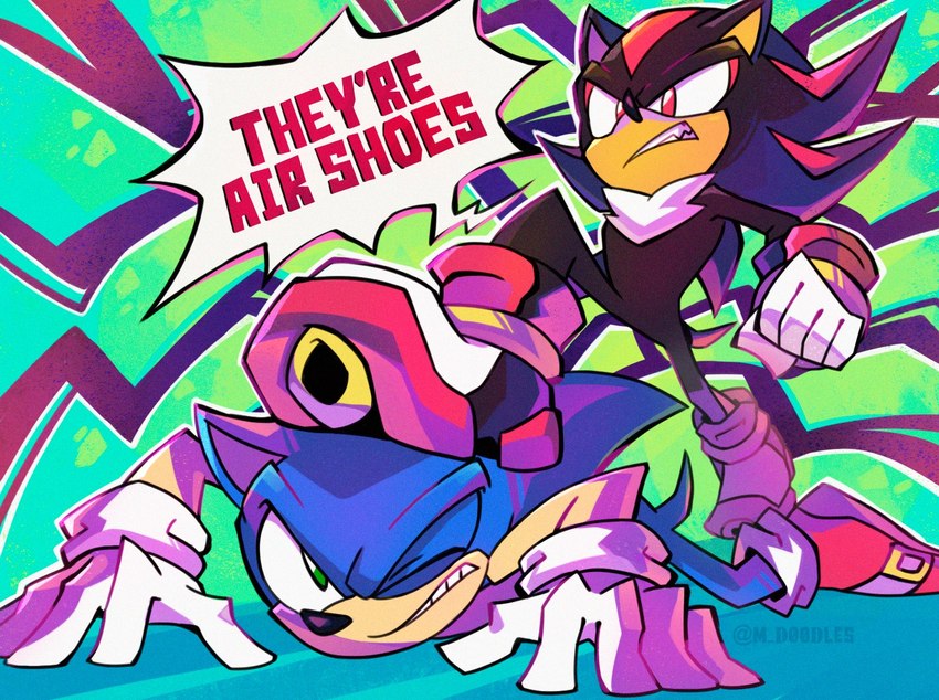 5_fingers angry anthro black_body black_nose blue_body chest_tuft clothing dialogue duo fingers fist footwear gloves green_eyes handwear male markings red_eyes red_markings shoes spikes tan_body tuft m_d00dles netflix sega sonic_prime sonic_the_hedgehog_(series) shadow_the_hedgehog sonic_the_hedgehog eulipotyphlan hedgehog mammal 2022 digital_media_(artwork) signature