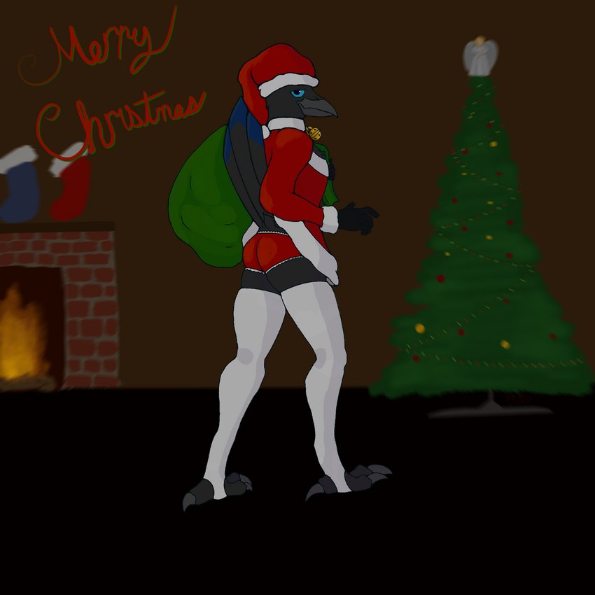 anthro bell bell_collar black_body black_feathers blue_eyes butt christmas_clothing christmas_decorations christmas_headwear christmas_lights christmas_ornament christmas_stocking christmas_tree clothing collar costume feathers fireplace gloves handwear hat headgear headwear holidays legwear looking_at_viewer male panties plant sack santa_costume santa_hat sexy_santa solo stockings text tree underwear jacob_the_mistake-ob christmas issac_(jacob_the_mistake-ob) angel avian bird common_raven corvid corvus_(genus) oscine passerine raven 1:1 hi_res