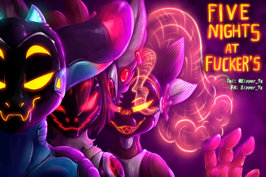 glowing glowing_eyes group machine neon_lights parody poster smile smiling_at_viewer text trio zipper_7z five_nights_at_freddy's scottgames moku_(mokuro) nami_(zipper_7z) penta_(cum.cat) protogen 3:2 english_text hi_res