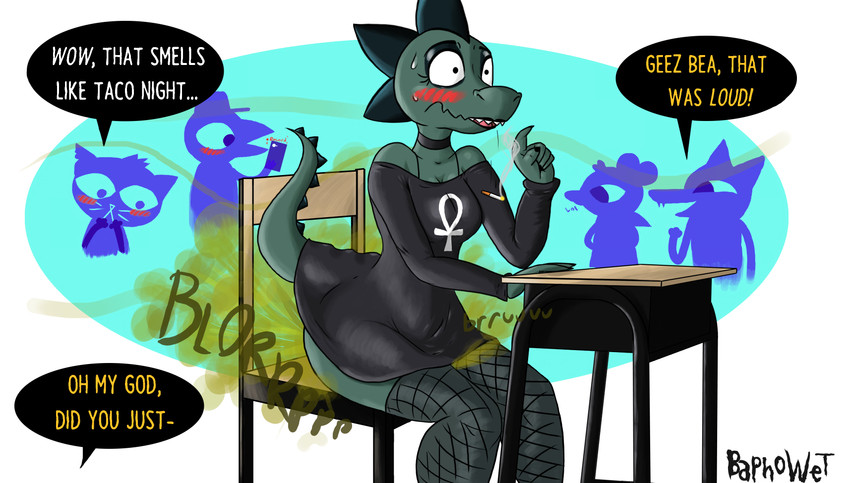 ankh anthro blush clothing desk dress embarrassed fart fart_cloud fart_fetish female furniture group humor legwear school smoking surprise table text thigh_highs baphowet night_in_the_woods bea_santello germ_warfare_(nitw) gregg_lee lori_meyers mae_borowski alligator alligatorid crocodilian domestic_cat felid feline felis mammal reptile scalie absurd_res english_text hi_res