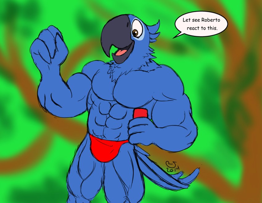 abs anthro anthrofied beak belly blue_body blue_feathers bulge clothing feathers genitals male musclegut muscular muscular_anthro muscular_male open_beak open_mouth pecs red_clothing red_speedo red_swimwear solo speech_bubble speedo swimwear text caseyljones blue_sky_studios rio_(series) blu_(rio) avian bird macaw neotropical_parrot parrot spix's_macaw true_parrot comic_sans english_text