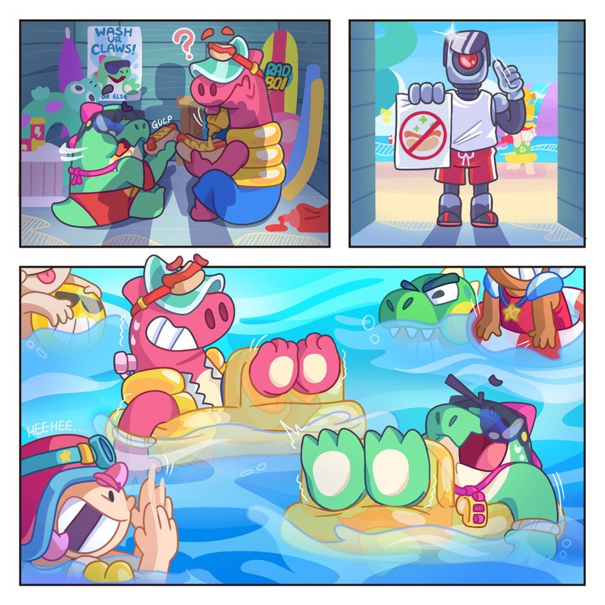 anthro banned clothing duo feet floatie food hot_dog inflatable ketchup leon_(brawl_stars) lifeguard male male/male mustard paws pool restraints stocks swimming_pool swimring swimwear text tickling weiner dollytraiter07 brawl_stars supercell_(company) buzz_(brawl_stars) doug_(brawl_stars) nita_(brawl_stars) dinosaur prehistoric_species reptile scalie 1:1 comic english_text hi_res