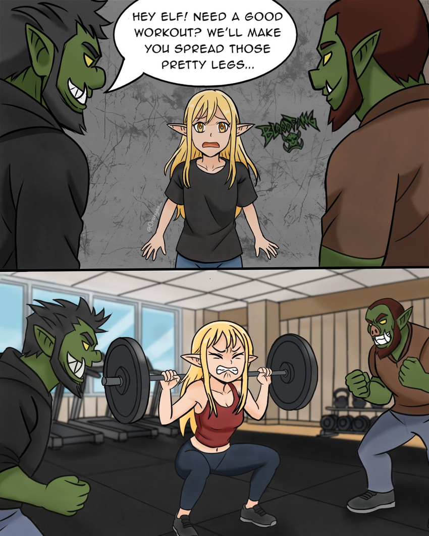 against_surface against_wall athletic_wear bait_and_switch bangs biped black_bottomwear black_clothing black_footwear black_hair black_jacket black_pants black_shirt black_shoes black_sneakers black_t-shirt black_topwear blonde_hair blue_sky bottomwear breasts brown_clothing brown_shirt brown_topwear clenched_teeth clothing collared_shirt crop_top crouching day denim denim_bottomwear denim_clothing dialogue double_entendre dumbbell empty_eyes exercise eyebrows eyelashes female fist floor footwear graffiti green_body green_skin grin group gym gym_bottomwear hair humanoid_pointy_ears humor innuendo inside jacket jeans kettlebell lifting_dumbbell long_hair long_pants male midriff muscular muscular_male navel nervous no_pupils not_furry open_mouth pants pig_nose pointy_ears red_clothing red_crop_top red_shirt red_topwear scared sharp_teeth shirt shoes short_hair sky smile smiling_at_another speech_bubble standing struggling t-shirt teeth text tile tile_floor topwear treadmill trio tusks wall_(structure) weightlifting weights white_body white_sclera white_skin window workout workout_equipment yellow_eyes yellow_sclera oranyaa lori_(oranyaa) elf humanoid orc 2025 4:5 comic digital_drawing_(artwork) digital_media_(artwork) english_text hi_res