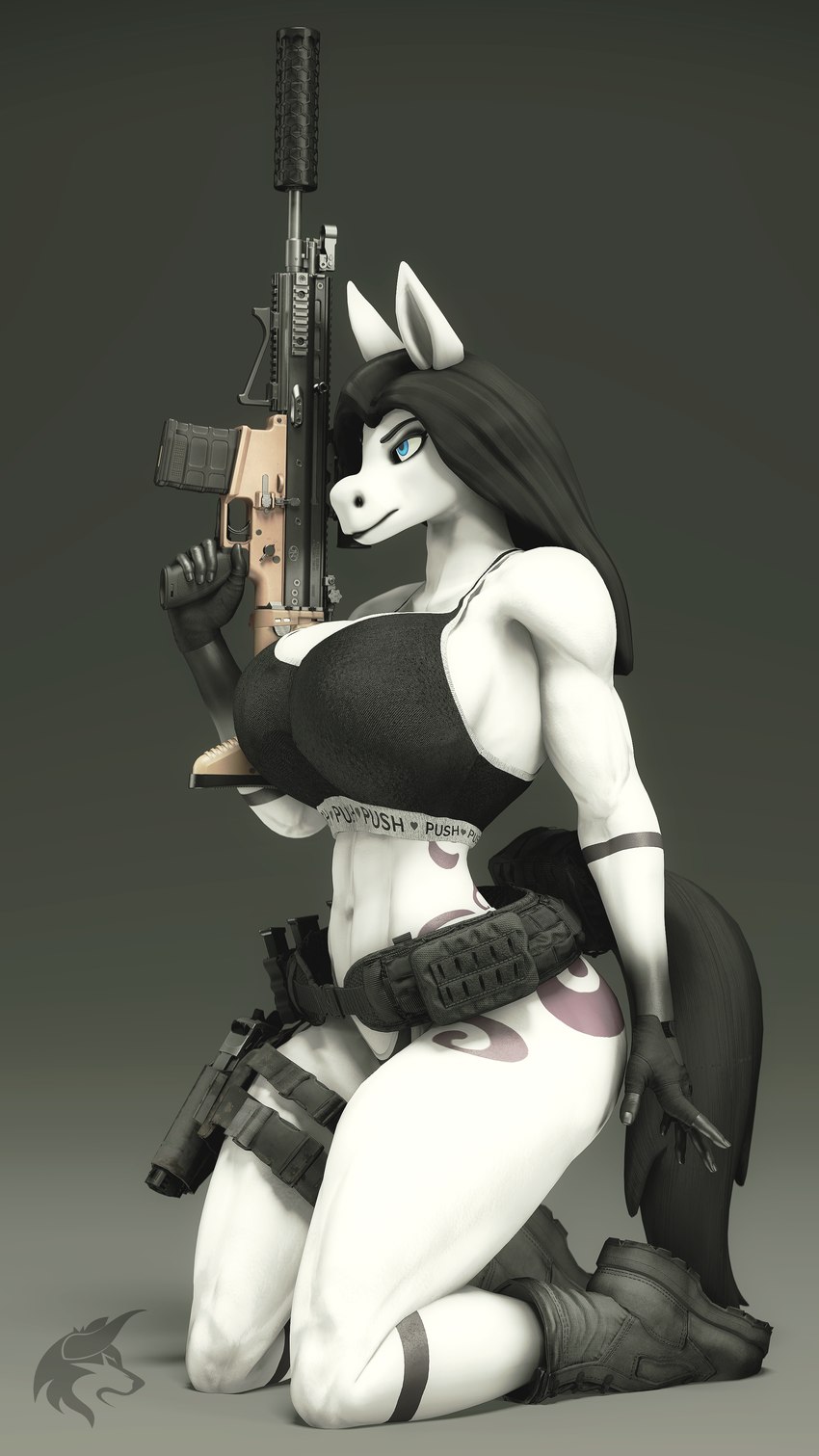 anthro assault_rifle big_breasts black_hair blue_eyes boots breasts clothing female footwear gun hair handgun marksman pistol ranged_weapon rifle scar-h shoes solo tactical_gear tail thick_thighs underwear weapon ludexus azulsion_(ludexus) fan_character equid equine mammal 3d_(artwork) 4k 9:16 absurd_res digital_media_(artwork) hi_res source_filmmaker_(artwork)