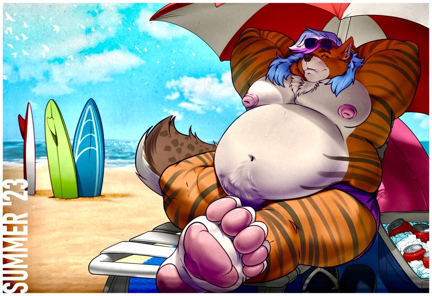 anthro areola beach beach_chair beach_towel beach_umbrella belly belly_overhang beverage_can biceps big_areola big_belly big_nipples big_pecs blue_hair blue_sky brown_eyes chair chest_tuft clothing cloud cooler ear_piercing ear_ring eyewear eyewear_on_head feet flabby footwear fur furniture grin grinning_at_viewer hair hands_behind_head highlights_(coloring) ice inflatable inner_tube lgbt_pride long_hair looking_at_viewer love_handles male markings multicolored_body multicolored_fur multicolored_hair navel nipples obese obese_anthro obese_male on_chair orange_body orange_fur outside overweight overweight_anthro overweight_male parasol pawpads paws pecs piercing pink_nipples pink_pawpads pride_colors purple_clothing purple_speedo purple_swimwear rainbow_piercings rainbow_pride_colors ring_piercing sand sandals sea seaside shoes sitting sky smile snaggle_tooth soles solo speedo spots spotted_face spotted_markings spotted_tail stare striped_body striped_fur stripes summer sunglasses sunglasses_on_head surfboard swimwear tail tail_markings tan_body tan_fur text towel tuft two_tone_body two_tone_fur under_umbrella water wave cobaltgrande thirsty_(thirstydraws) canid canine felid fox hybrid hyena mammal pantherine spotted_hyena tiger absurd_res english_text hi_res