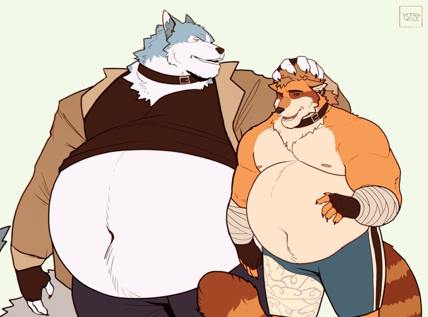 5_fingers anthro arm_wraps belly big_belly black_clothing black_shirt black_topwear clothed clothing coat collar duo fingers fur hand_on_head headpat looking_at_another male markings musclegut muscular muscular_anthro muscular_male navel neck_tuft nipples obese obese_anthro obese_male open_mouth orange_body orange_fur overweight overweight_anthro overweight_male pecs pink_nipples shirt simple_background size_difference striped_markings striped_tail stripes tail tail_markings tan_belly tan_clothing tan_coat tan_topwear topless topless_male topwear tuft white_belly wraps vetrowolf brand_new_animal studio_trigger jericho_(jerichuwu) shirou_ogami canid canine canis mammal raccoon_dog tanuki wolf hi_res
