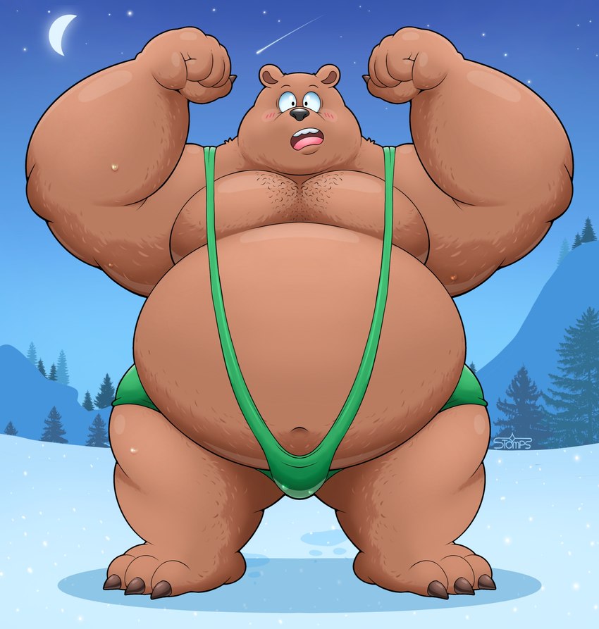 anthro belly big_belly black_nose blush brown_body brown_fur bulge clothing fur humanoid_hands male moon mountain night obese obese_male outside overweight overweight_anthro overweight_male plant shooting_star solo tree underwear stompsyeen cartoon_network we_bare_bears grizzly_(we_bare_bears) bear brown_bear grizzly_bear mammal ursine hi_res