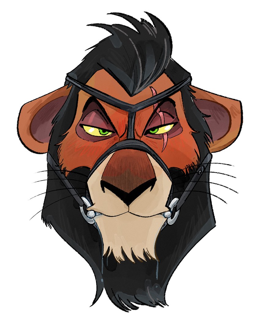 anthro bdsm black_hair blush brown_body brown_fur eye_scar facial_scar fur gag gagged green_eyes hair harness harness_gag looking_at_viewer male muzzle_(object) scar simple_background solo white_background yellow_sclera 33xtc disney the_lion_king scar_(the_lion_king) felid lion mammal pantherine 2023 digital_media_(artwork) headshot_portrait hi_res portrait