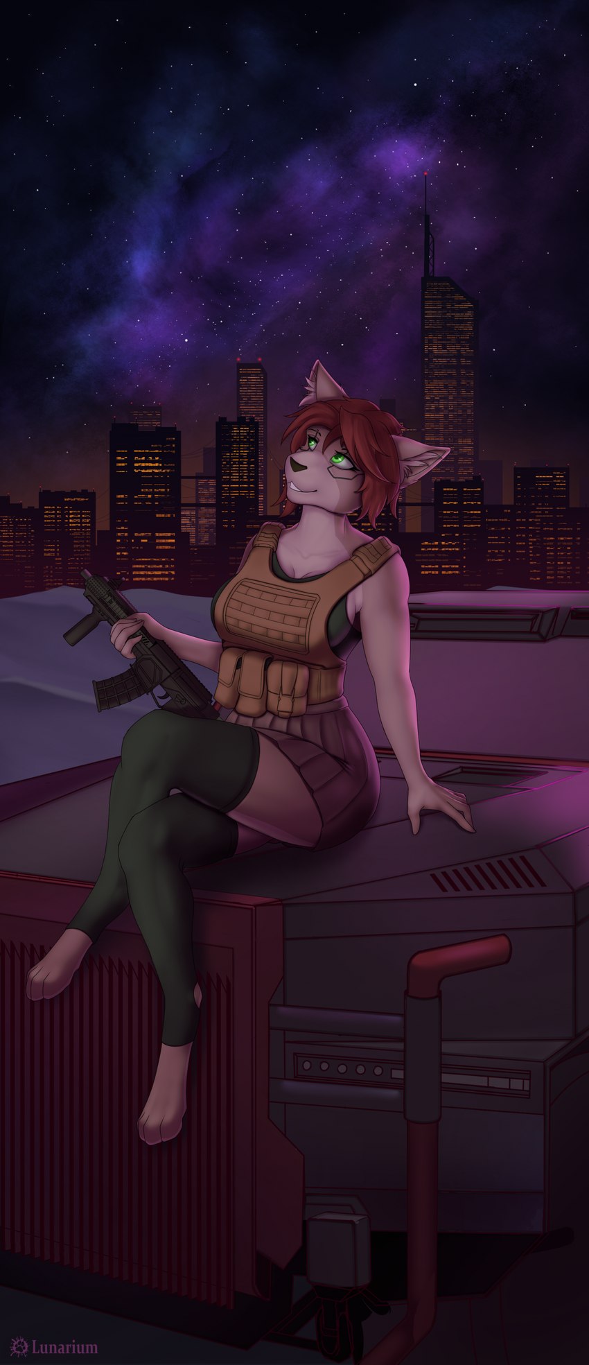 anthro breasts bulletproof_vest car city city_background clothing cybernetics desert female fluffy_ears green_eyes gun hair legwear machine night ranged_weapon red_hair solo stockings vehicle weapon lunarium cd_projekt_red cyberpunk_2077 felid feline mammal absurd_res hi_res