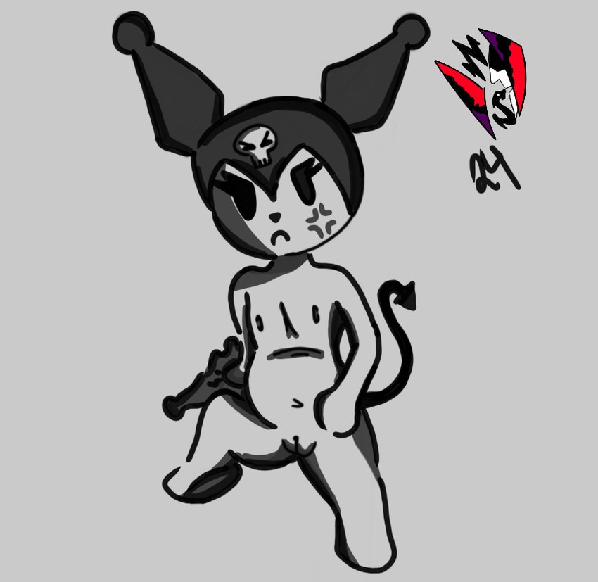 andromorph angry anthro bone bottomless breasts clothed clothing female flat_chested front_view genitals intersex looking_at_viewer navel simple_background sitting skull slightly_chubby solo spade_tail spread_legs spreading tail nunisak onegai_my_melody sanrio kuromi demon lagomorph leporid leproid mammal rabbit black_and_white line_art monochrome