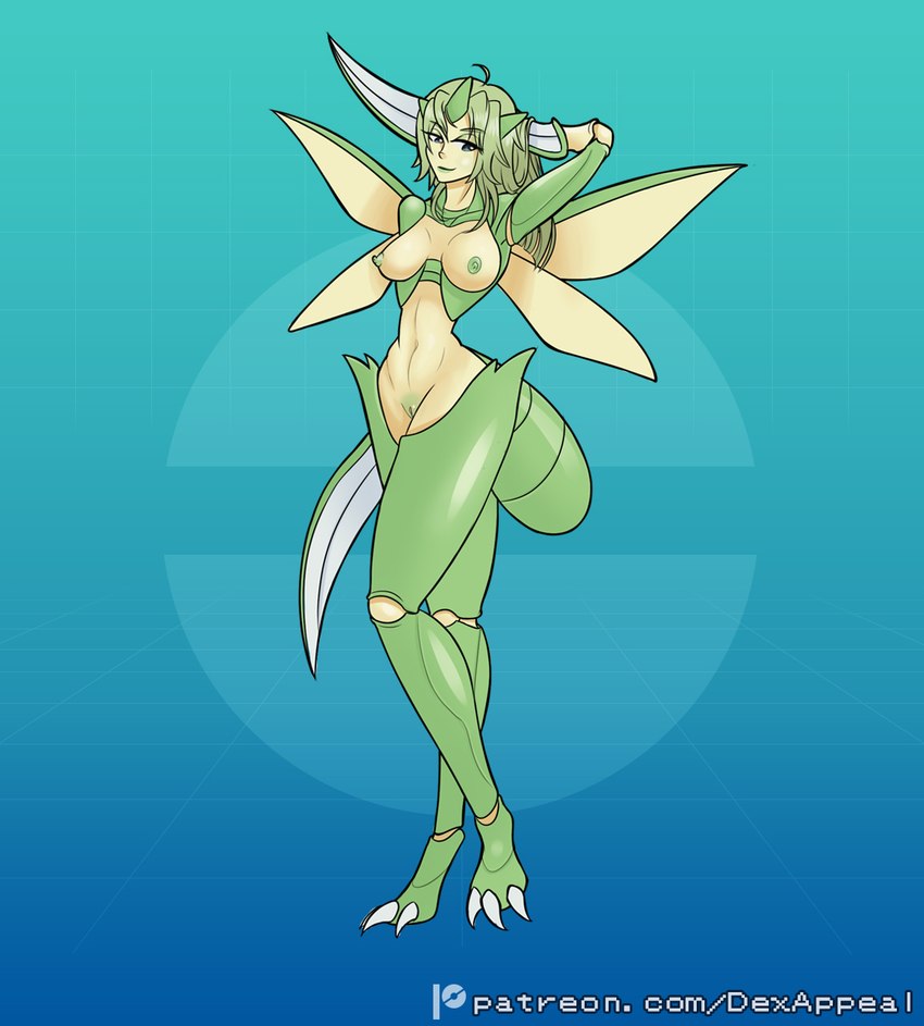 arthropod_abdomen breasts claws exoskeleton female genitals green_body green_exoskeleton green_hair green_skin hair horn insect_wings monster_girl_(genre) nipples nude pussy simple_background smile solo wings dex_appeal nintendo pokemon animal_humanoid arthropod arthropod_humanoid generation_1_pokemon humanoid insect insect_humanoid mantis pokemon_(species) scyther digital_media_(artwork) hi_res