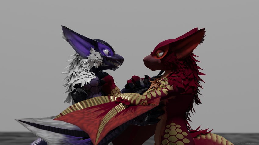 anthro beak chest_tuft claws duo fangs finger_claws fur glistening glistening_body glistening_eyes male male/male purple_body purple_eyes red_body reflection scales side_view simple_background smile spread_wings teeth tuft white_background white_body white_fur wings yellow_eyes bessacuga victorbessa96 capcom monster_hunter bessa flying_wyvern nargacuga scalie 16:9 3d_(artwork) 4k absurd_res blender_(artwork) digital_media_(artwork) hi_res widescreen