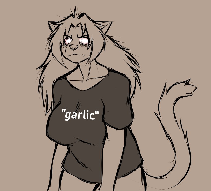 anthro big_breasts bloodshot_eyes bottomless breasts clothed clothing female hair huge_breasts long_hair shirt shirt_only solo standing t-shirt t-shirt_only tail tail_tuft text text_on_clothing text_on_shirt text_on_topwear tired topwear topwear_only tuft fiercedeitylynx caroline_(fiercedeitylynx) domestic_cat felid feline felis mammal siamese 2022 absurd_res english_text hi_res