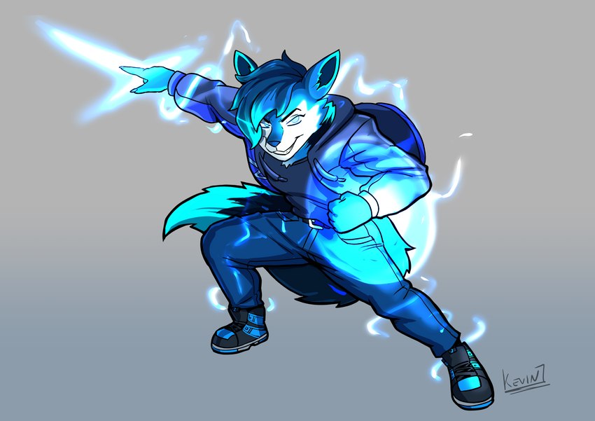 anthro attack_pose blue_body blue_bottomwear blue_clothing blue_footwear blue_fur blue_hair blue_highlights blue_hoodie blue_jeans blue_nose blue_pants blue_shoes blue_topwear bottomwear clothing denim denim_bottomwear denim_clothing electricity electricity_manipulation elemental_manipulation energy_shield energy_sword fighting_pose footwear fur glowing glowing_eyes hair highlights_(coloring) hoodie jeans male melee_weapon navy_shirt pants pose shoes sword topwear weapon kevintrentin alexander_thunderwolfe_(chrislshack1998) canid canine canis mammal wolf absurd_res hi_res