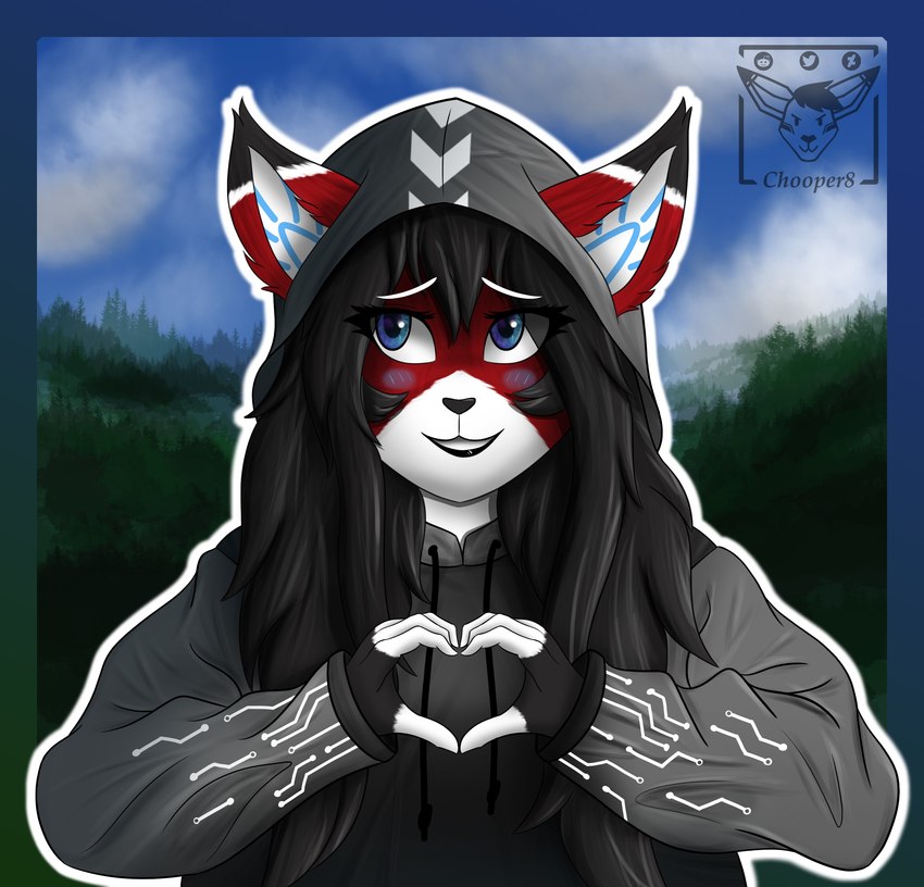 anthro blue_eyes blush clothing female fur grey_clothing heart_symbol hoodie looking_away red_body red_fur sky solo topwear white_body white_fur chooper8 ara_(fluff-kevlar) felid feline mammal absurd_res hi_res