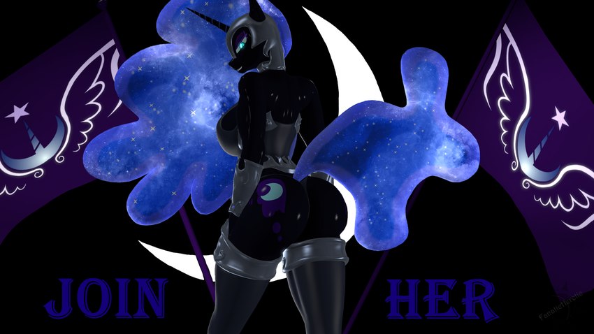 anthro anthrofied armor big_breasts big_butt big_tail black_background blue_eyes breasts butt clothing crescent_moon cutie_mark dark_body ethereal_hair ethereal_tail female flag hair headgear helmet horn legwear looking_at_viewer looking_back moon multicolored_hair multicolored_tail rear_view recruitment_poster simple_background smile solo standing tail text thigh_highs thong underwear wings fanatic-heretic-101 friendship_is_magic hasbro my_little_pony mythology nightmare_moon_(mlp) equid equine horse mammal mythological_creature mythological_equine pony winged_unicorn 16:9 3d_(artwork) digital_media_(artwork) hi_res portrait three-quarter_portrait widescreen