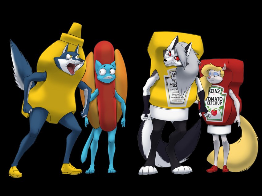 angry anthro clothed clothing costume eye_contact female food food_costume group hot_dog hot_dog_costume ketchup ketchup_costume looking_at_another mustard mustard_costume standing taka_studio animaniacs cartoon_network heinz helluva_boss illumination_entertainment mythology sing_(movie) the_amazing_world_of_gumball warner_brothers loona_(helluva_boss) minerva_mink nicole_watterson porsha_crystal canid canid_demon canine canis demon domestic_cat felid feline felis hellhound mammal mink mustelid musteline mythological_canine mythological_creature true_musteline wolf 4:3 absurd_res alpha_channel hi_res