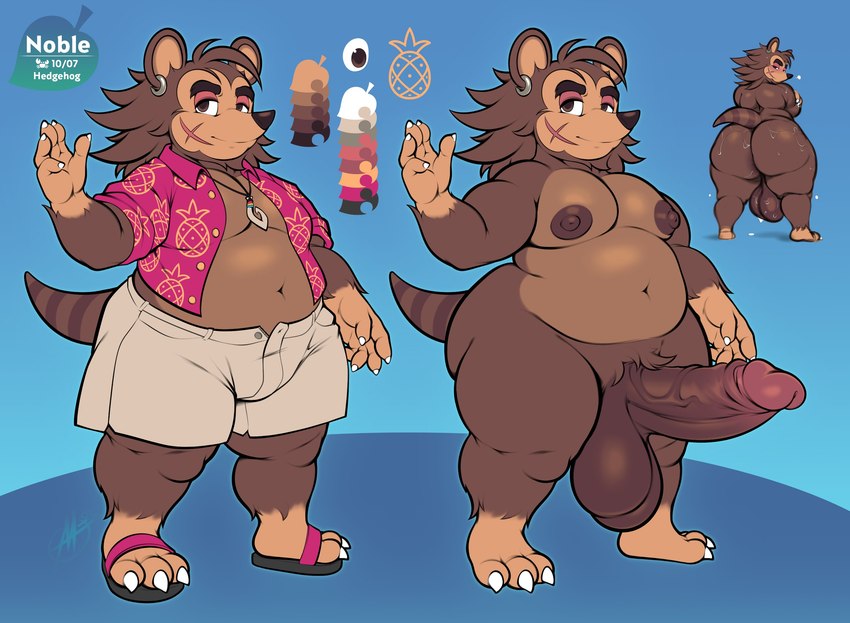 3_toes 5_fingers anthro balls barazoku belly big_butt big_nipples black_eyebrows black_nose blue_background bottomwear brown_body brown_eyes brown_fur brown_hair brown_nipples butt cargo_shorts circumcised claws clothed clothed_anthro clothed_male clothing collar erection eyebrows facial_scar feet fingers footwear fur genitals hair half-closed_eyes humanoid_genitalia humanoid_penis male mouth_closed narrowed_eyes nipples nude_anthro nude_male overweight overweight_anthro overweight_male pattern_clothing pattern_shirt pattern_topwear penis red_clothing red_shirt red_topwear scar shirt shoes shorts simple_background slightly_chubby slightly_chubby_anthro slightly_chubby_male slippers solo standing tail tan_bottomwear tan_clothing tan_shorts text thick_eyebrows thick_thighs toes topwear vein veiny_penis white_claws x_scar amarooki bedbumps darkrieger animal_crossing nintendo fan_character noble_(amarooki) eulipotyphlan hedgehog mammal 2025 e621_post_recursion english_description english_text hi_res model_sheet