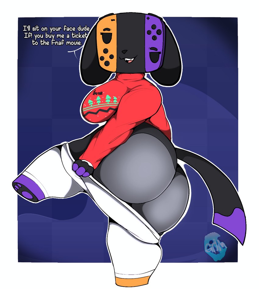 anthro big_breasts big_butt breasts butt clothed clothing electronics female game_console simple_background smile solo switch_console text wide_hips furr3ak nintendo nintendo_switch switch_dog animate_inanimate absurd_res digital_media_(artwork) english_text hi_res