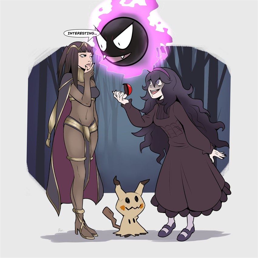 accessory black_hair blush clothing dress female footwear group hair headband high_heels long_hair not_furry_focus purple_body purple_hair shoes yellow_body franmm127 fire_emblem nintendo pokemon hex_maniac tharja_(fire_emblem) gastly generation_1_pokemon generation_7_pokemon ghost human mammal mimikyu pokemon_(species) spirit 1:1 absurd_res hi_res