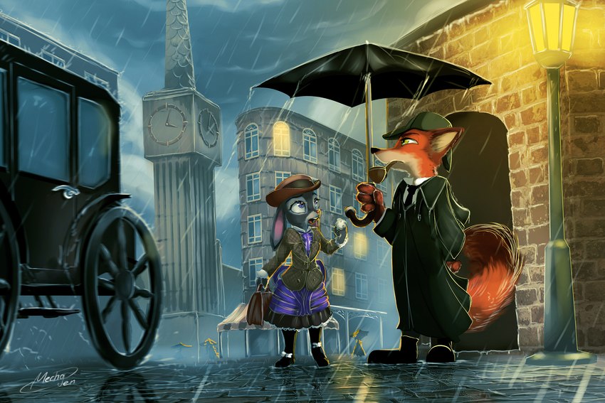 alternative_fashion anthro british carriage city classic_lolita clock clock_tower clothed clothing deerstalker_hat detailed_background duo_focus female green_eyes group hat headgear headwear j-fashion lolita_(fashion) male night ouji_(fashion) outside pipe purple_eyes purse raining smoking smoking_pipe street_lamp umbrella victorian mechagen disney zootopia judy_hopps nick_wilde sherlock_holmes canid canine fox lagomorph leporid mammal rabbit red_fox true_fox 3:2 crossover hi_res