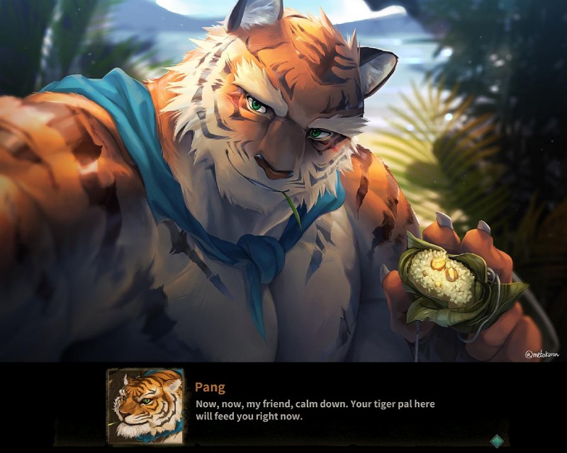 5_fingers anthro beach blush claws detailed_background dialogue eyebrows fingers fur green_eyes male muscular muscular_anthro muscular_male pecs plant riceball scarf sea seaside smile solo striped_body striped_fur stripes text tree water kuron sdorica pang_(sdorica) felid mammal pantherine tiger 2019 english_text