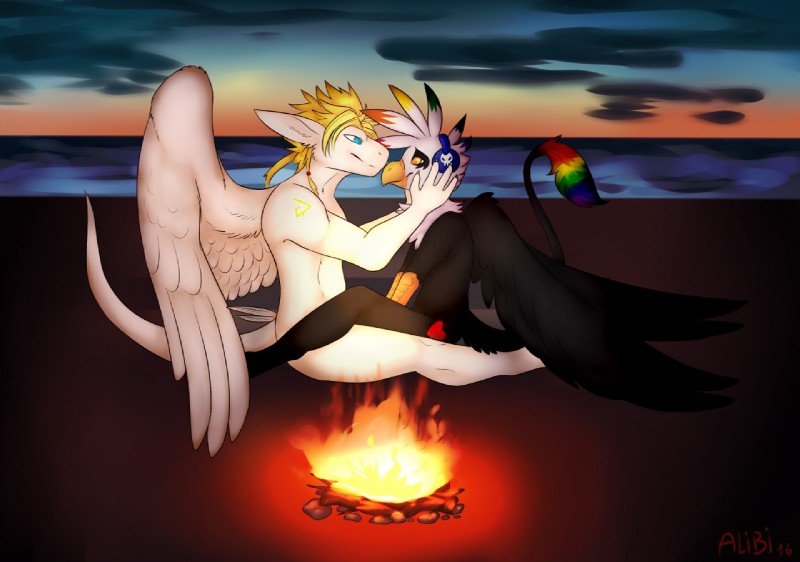 anthro beak blonde_hair blue_eyes duo dusk eye_contact feathered_wings feathers fire fur hair looking_at_another male male/male multicolored_body multicolored_fur rainbow_body rainbow_fur romantic romantic_ambiance romantic_couple tail tail_tuft tuft white_body wings alibi-cami mythology siegfried skoop angel angel_dragon avian dragon gryphon leoketsal mythological_avian mythological_creature mythological_scalie scalie