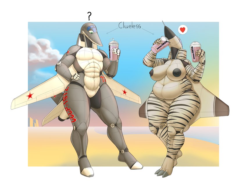 aircraft anthro beach belly beverage big_belly big_breasts black_stripes breasts building cloud container cup dark_nipples drinking duo featureless_crotch female fictional_product genitals green_eyes grey_body heart_symbol imminent_death machine male muscular muscular_male navel nipples overweight overweight_female pussy question_mark seaside standing stripes tu-22 vehicle white_body wide_hips ndragon3 grimace_shake mcdonald's saab saab_35 erika_(dogvasili) konni_(furluv217) aircraft_humanoid living_aircraft living_machine living_vehicle 2023 4:3 absurd_res colored hi_res meme