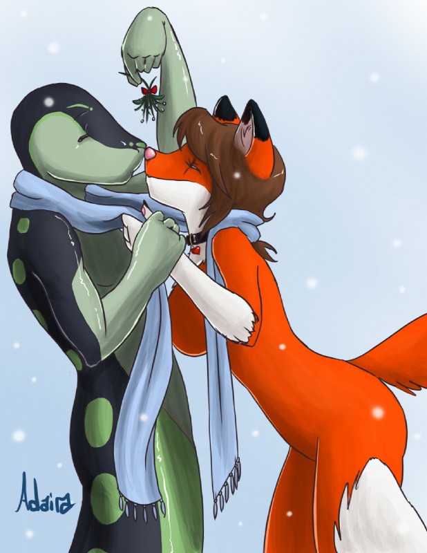 anthro breasts duo female kissing_bough male male/female mistletoe nude plant scarf mistressadaira canid canine fox mammal scalie hi_res