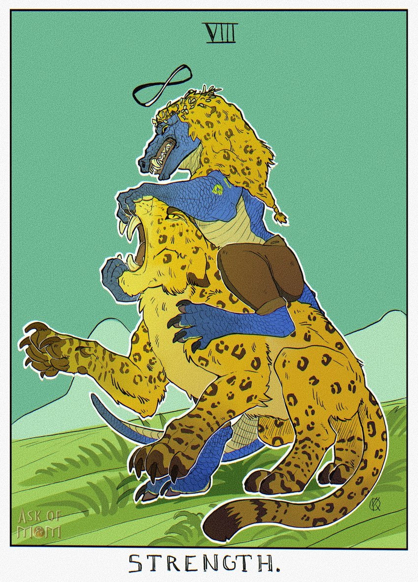 anthro blue_body blue_scales card card_template claws fangs feral fight fortune_telling fur hands_in_mouth infinity_symbol major_arcana male outline sabertooth_(anatomy) scales strength_(tarot) symbol tail tarot tarot_card teeth text yellow_body yellow_fur ponynok heroes_of_might_and_magic_3 broghild_(homm) felid feline leopard lizard mammal pantherine reptile scalie full-length_portrait hi_res portrait