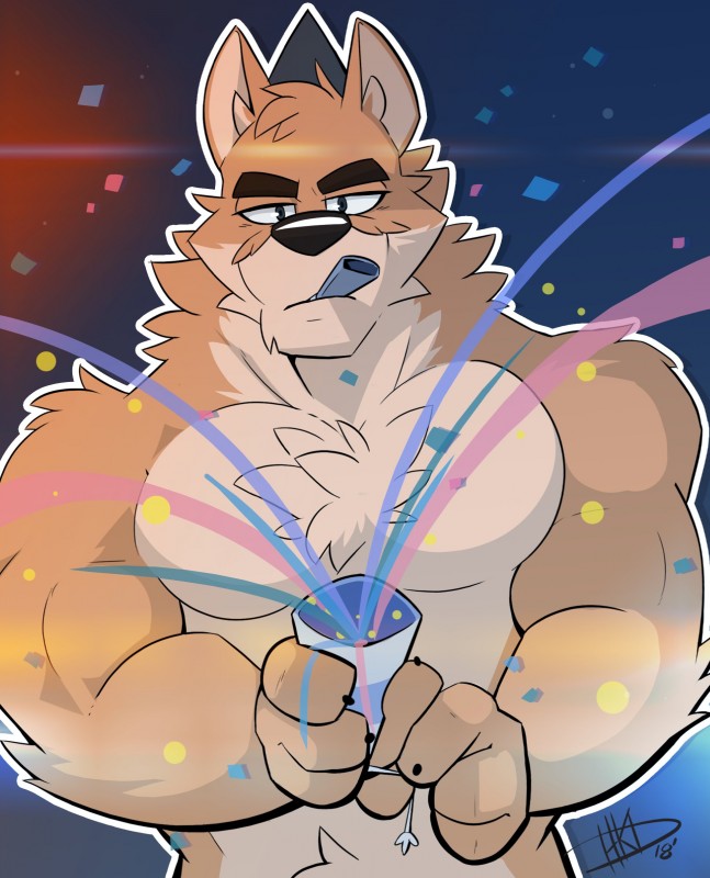 anthro biceps big_muscles blue_eyes chest_tuft fur male muscular muscular_anthro muscular_male pecs solo tan_body tan_fur tuft hikazedragon otake canid canine canis domestic_dog mammal 2018 absurd_res digital_media_(artwork) hi_res