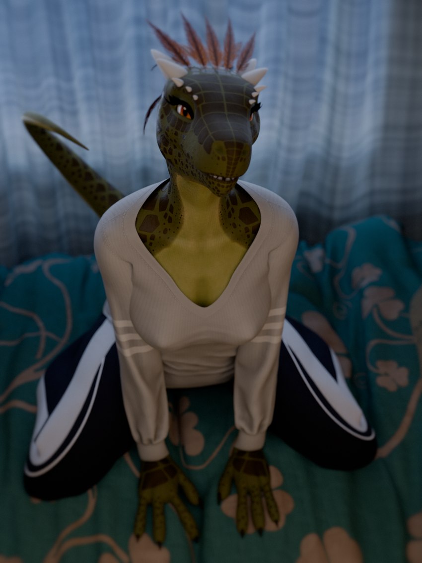 anthro clothed clothing female fully_clothed green_body sitting solo peresvet furromantic_(modeller) microsoft the_elder_scrolls sah-ra_(furromantic) argonian scalie 3:4 3d_(artwork) absurd_res digital_media_(artwork) hi_res