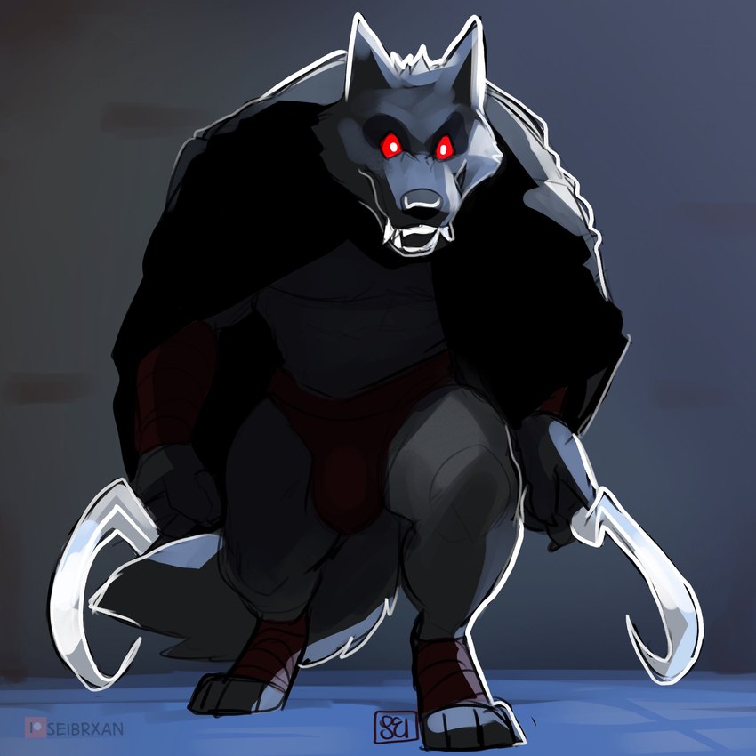 anthro black_nose bulge cloak clothing dual_wielding fur holding_object holding_weapon looking_at_viewer male sickle solo underwear weapon wrappings seibear dreamworks puss_in_boots_(franchise) death_(puss_in_boots) canid canine canis mammal wolf 1:1 2023 digital_media_(artwork) hi_res